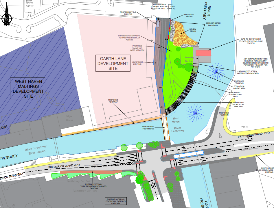 This is an image of Map that shows Garth Lane's proposed regeneration. The map includes features like street lighting, Paving, grass lock, a renewed beach and water fountains. 